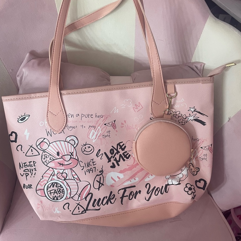 SHEIN Pink Graphic Tote with Charm